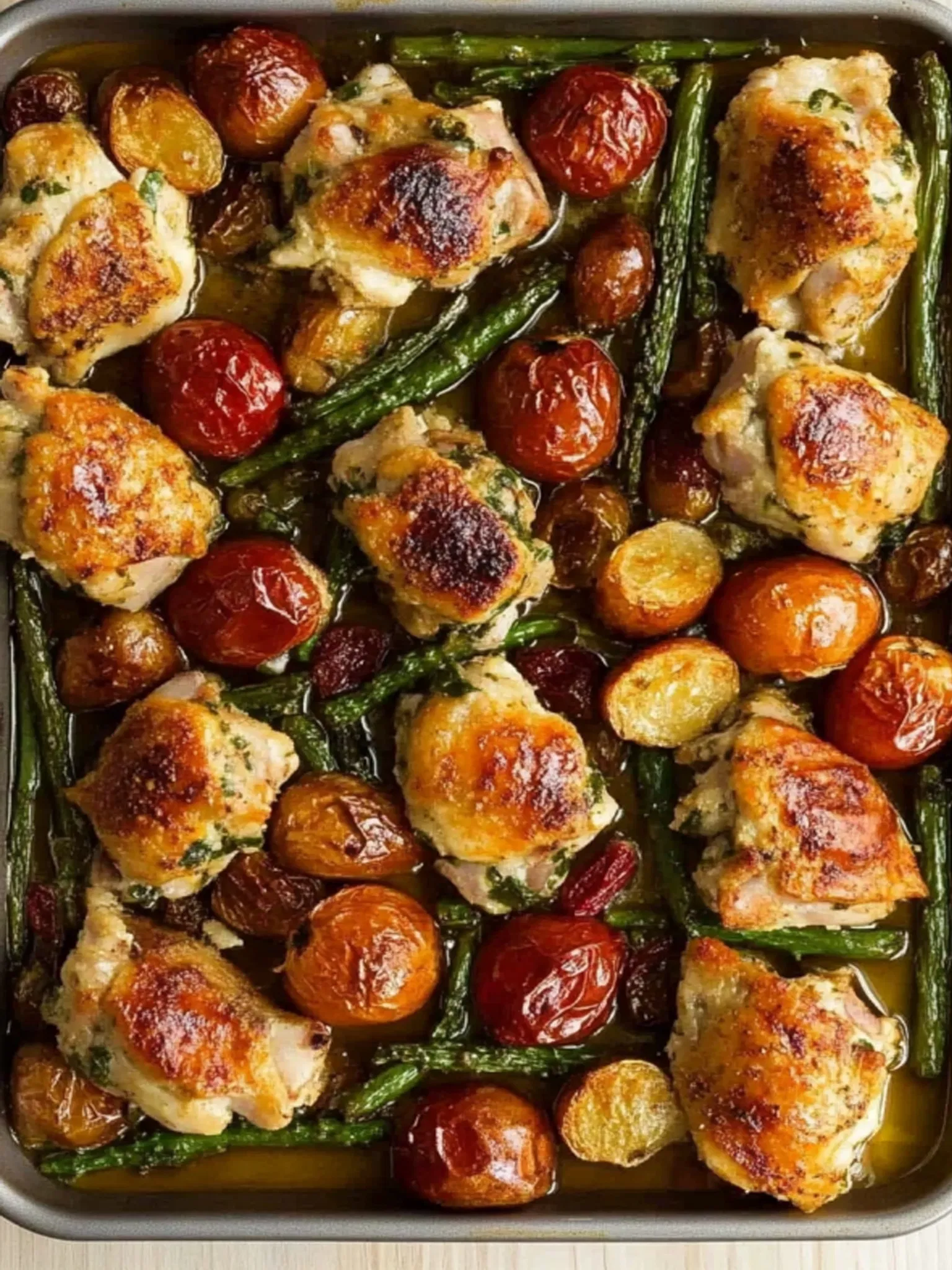 Golden roasted chicken thighs on a sheet pan with green asparagus, baby potatoes, and blistered cherry tomatoes