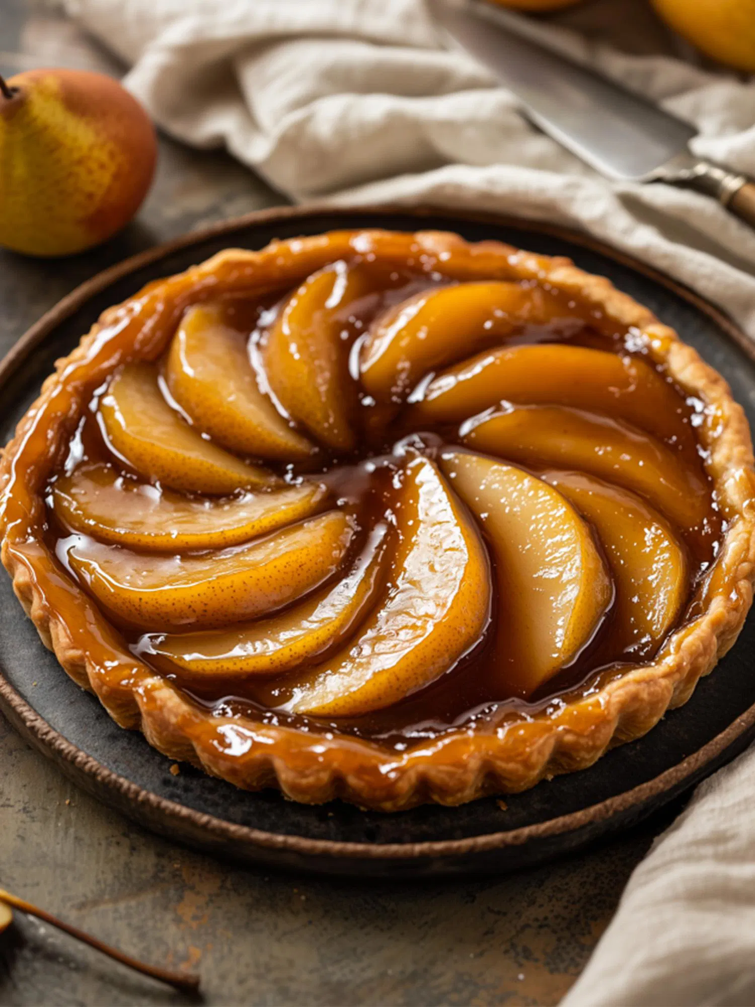 A golden-brown pear tart featuring glazed pear slices arranged in a spiral pattern on a dark rustic plate