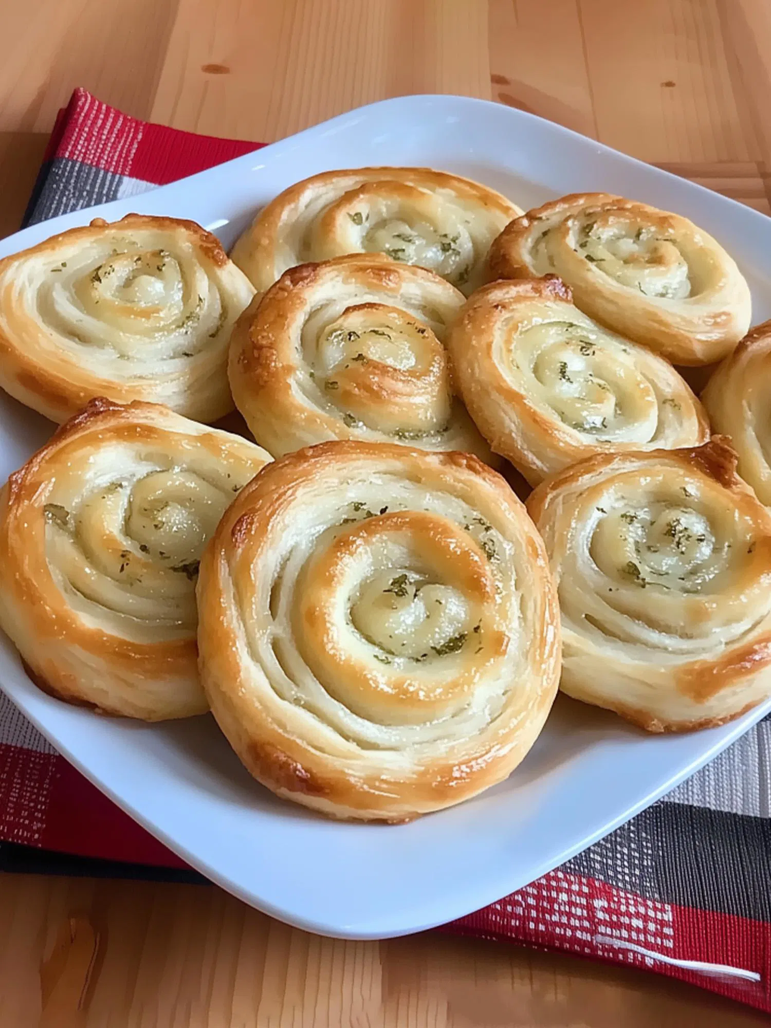 Golden brown puff pastry pinwheels with melted cheese and herbs arranged on a white square plate
