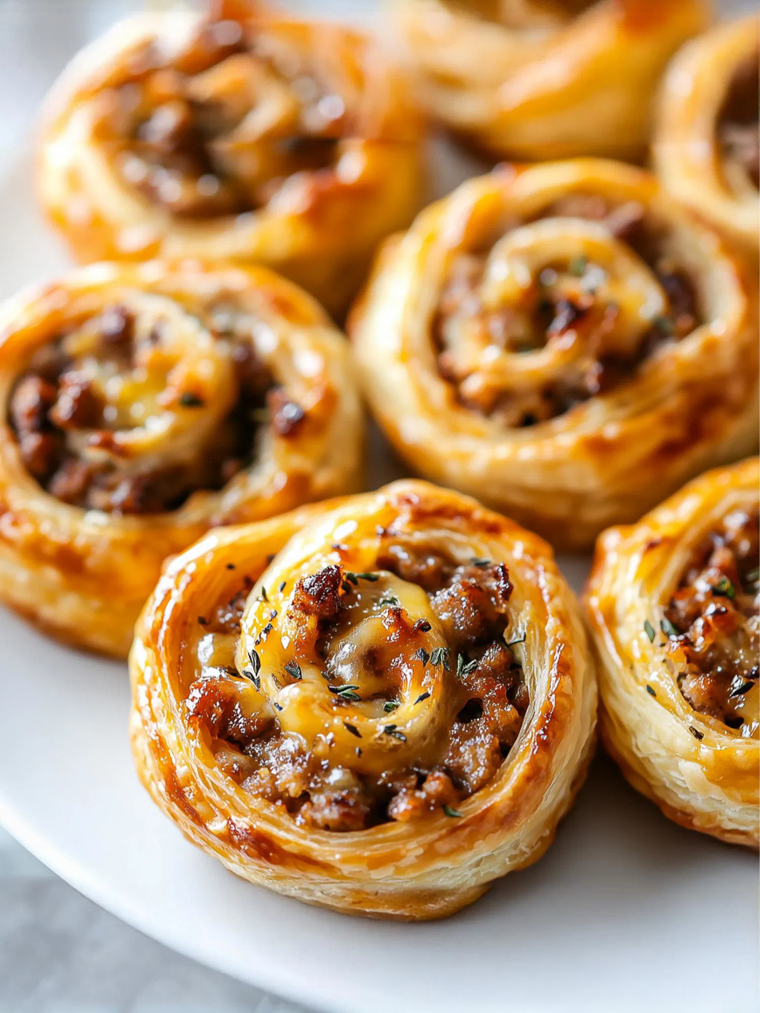 Golden puff pastry pinwheels filled with savory meat and cheese, garnished with fresh herbs on a white plate