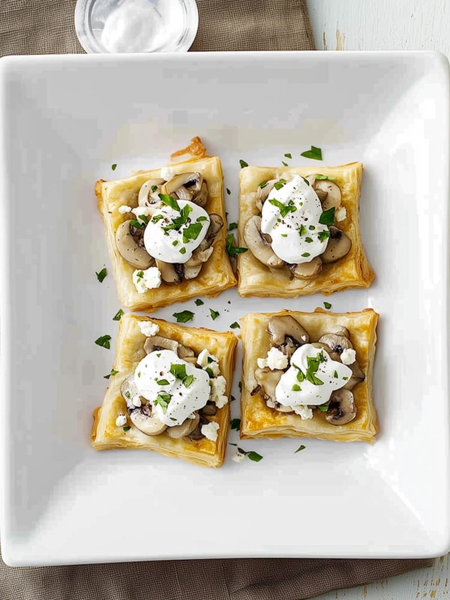 Four golden puff pastry tarts topped with sautéed mushrooms, cream, and herbs on a white square plate