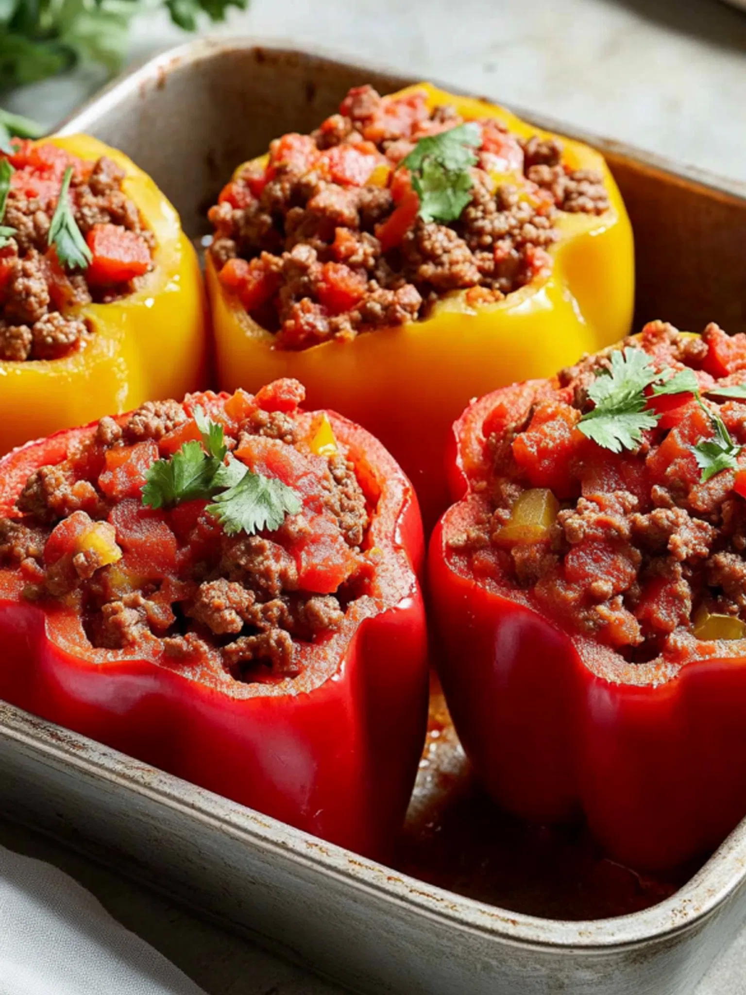 Red and yellow bell peppers stuffed with seasoned ground meat and tomatoes, garnished with fresh herbs in a baking dish