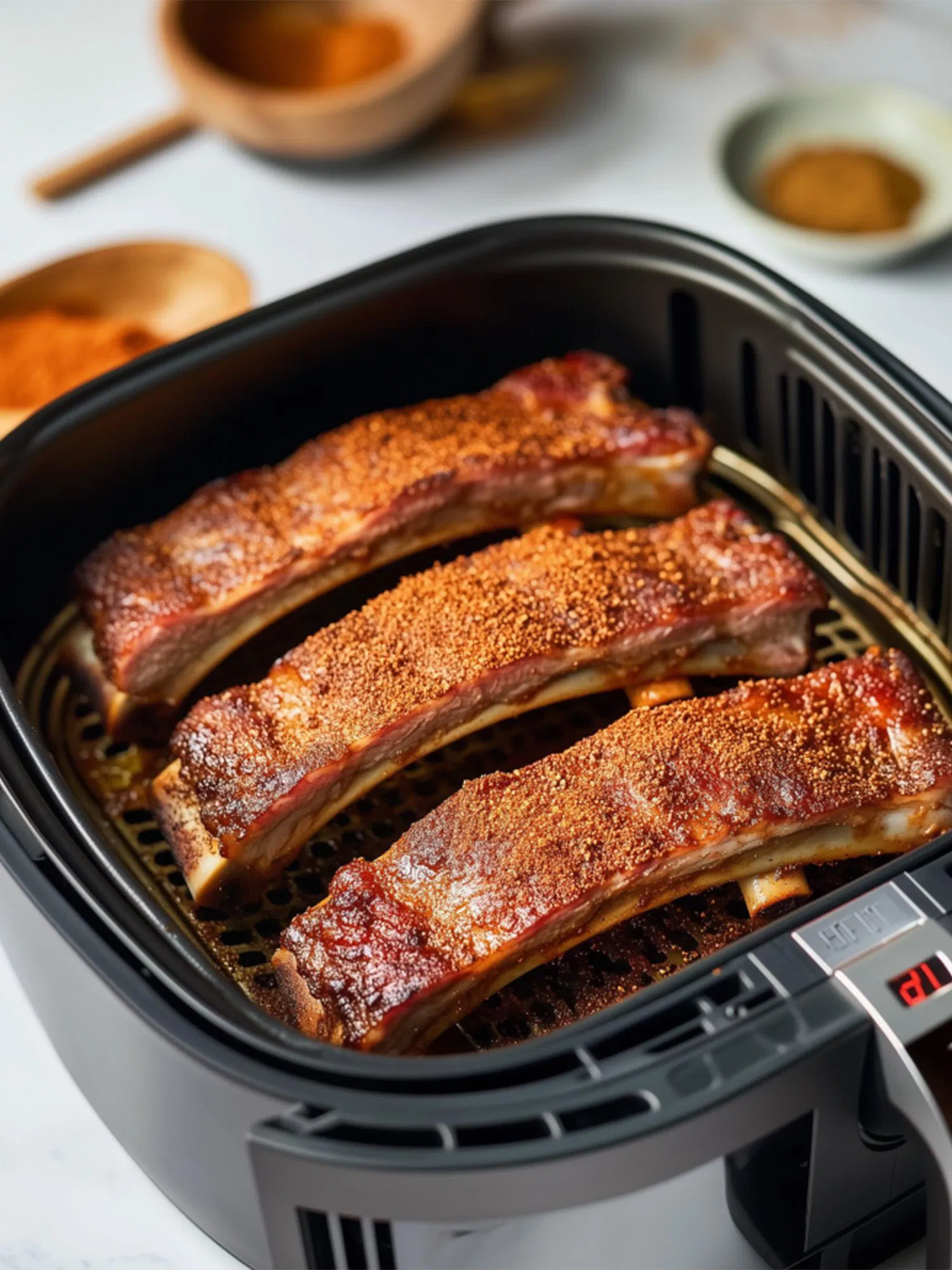 Three racks of spice-rubbed pork ribs arranged inside a black air fryer basket, ready for cooking