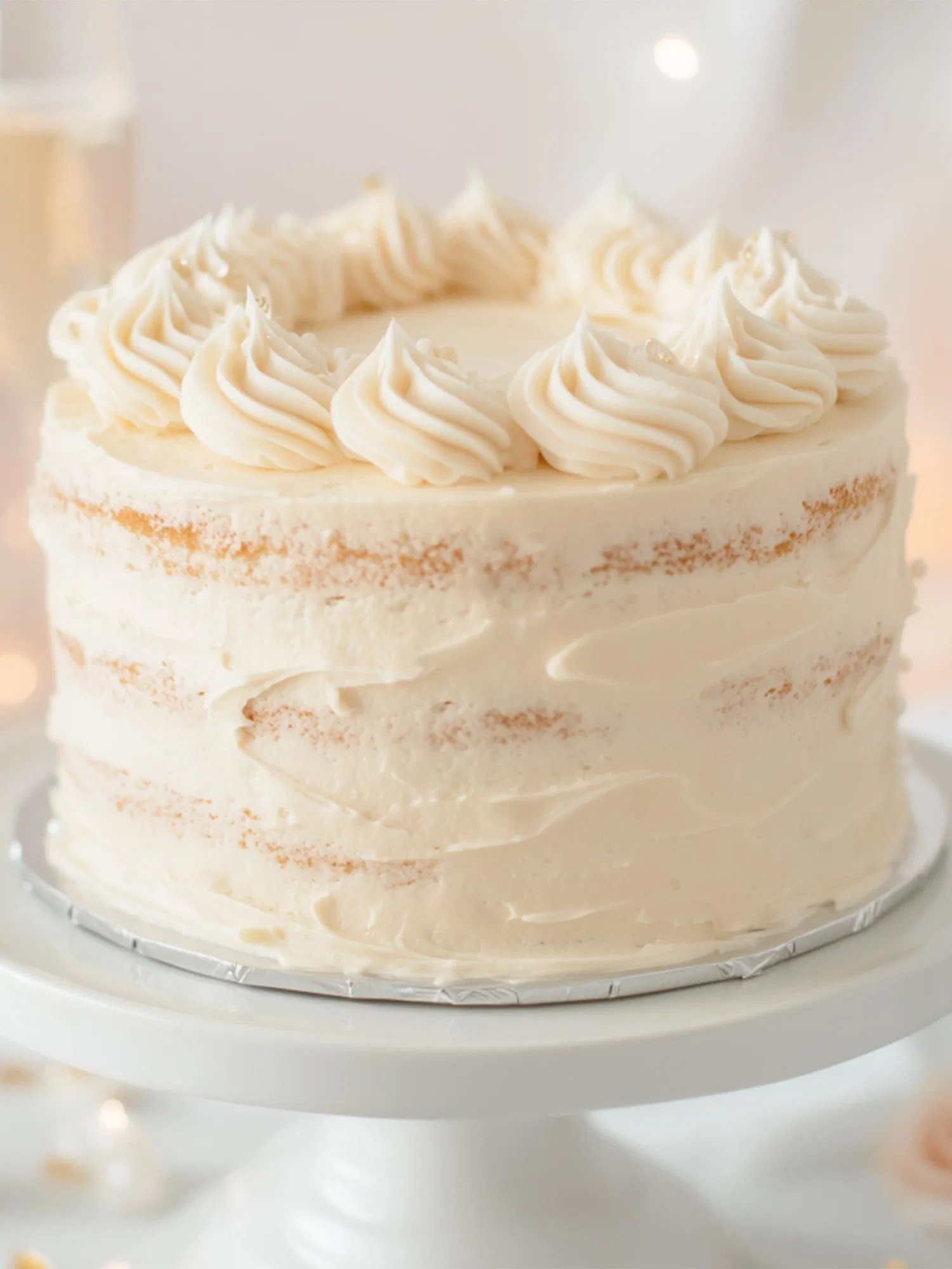 Tall semi-naked layer cake with white buttercream frosting piped in swirls on top, sitting on a white cake stand