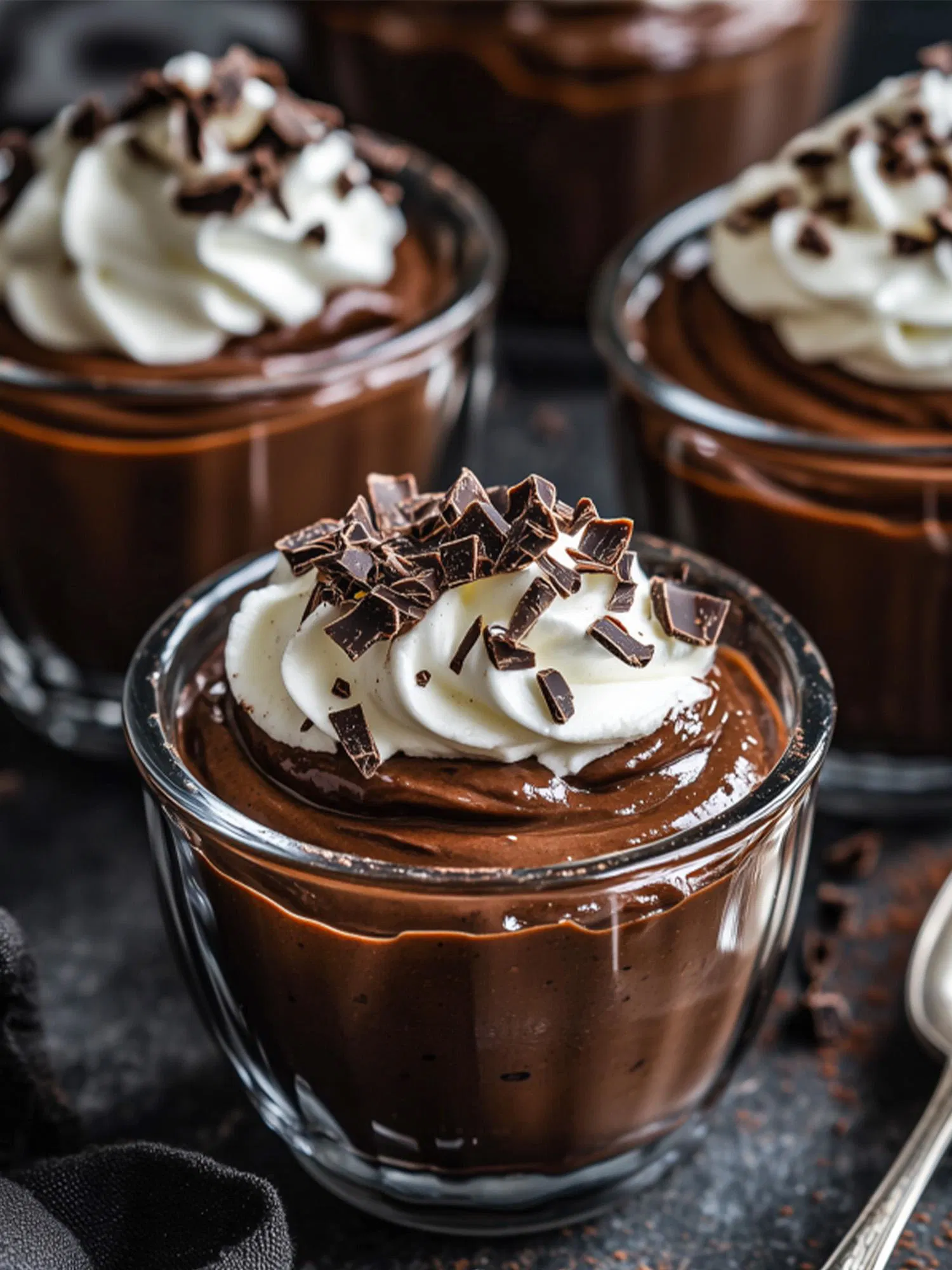 Close-up of rich chocolate mousse in a glass jar, topped with a swirl of whipped cream and dark chocolate shavings