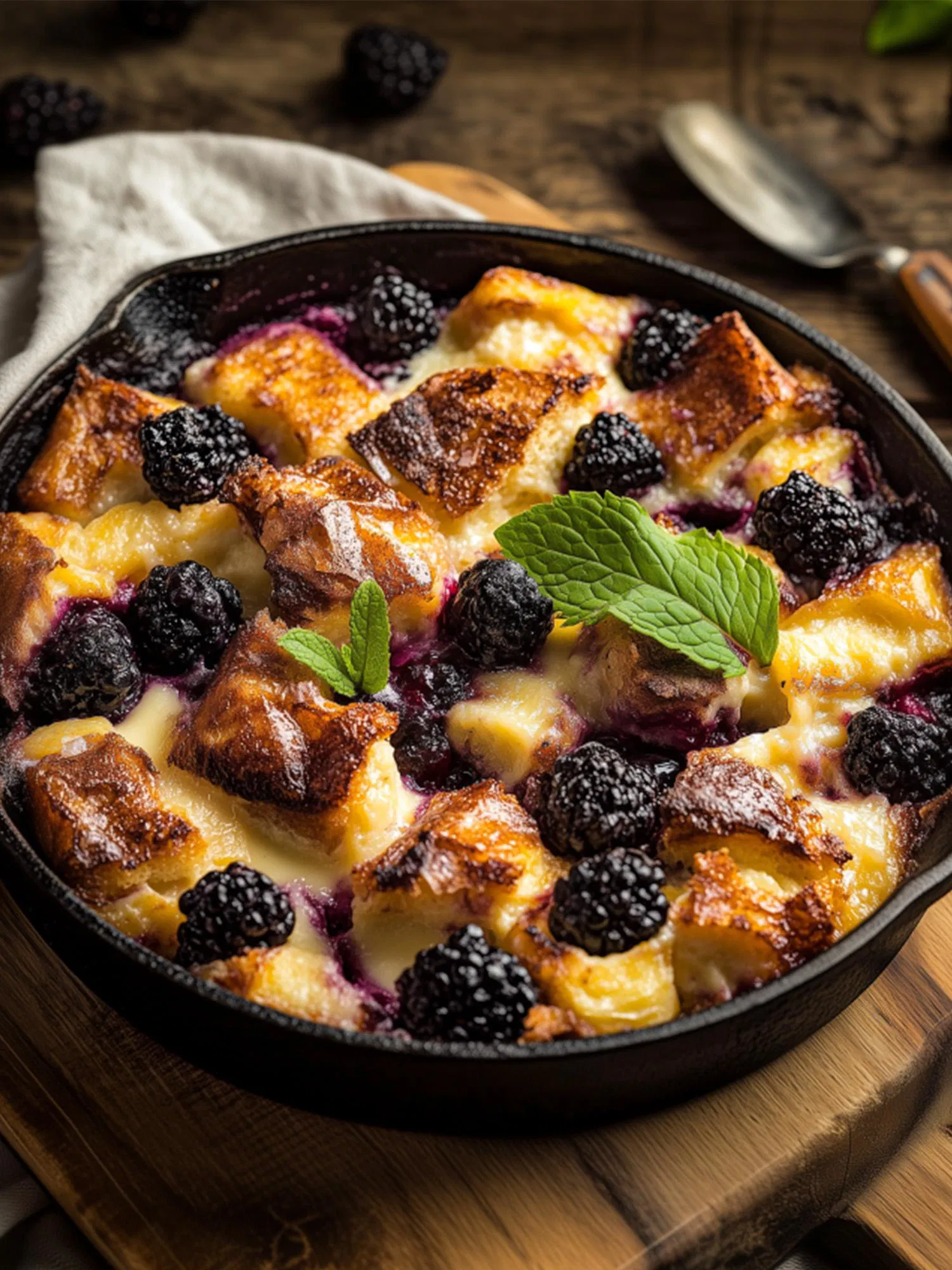Golden brown blackberry bread pudding baked in a cast iron skillet, garnished with fresh mint leaves