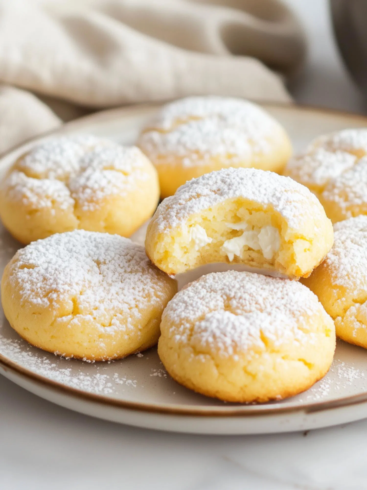 Soft yellow cookies dusted with powdered sugar on a beige plate, with one broken open to reveal a creamy white filling