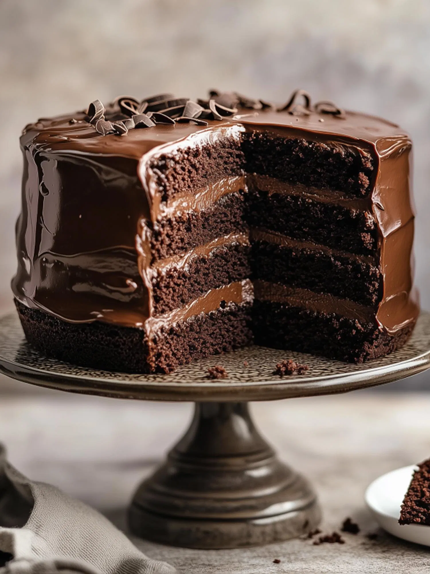 Three-layer dark chocolate cake with glossy ganache and shavings on a stand, with a slice removed to show the interior.