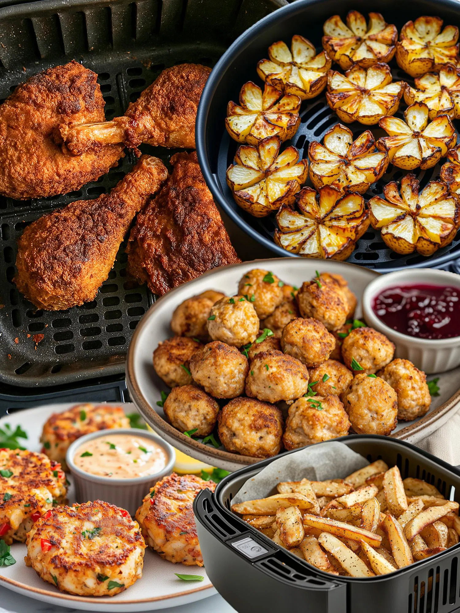Collage of air fryer foods: crispy chicken, flower-shaped potatoes, meatballs, crab cakes, and golden fries